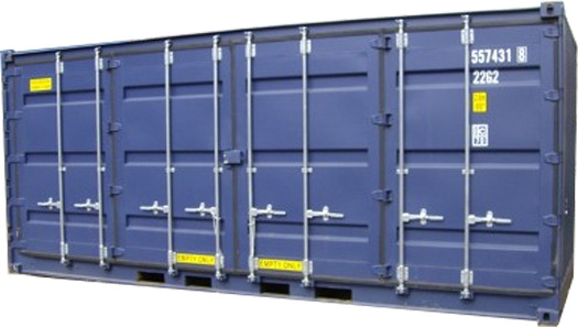A cut out image of K&K Containers, a MD, VA, WV, and DC custom shipping/storage container company's blue shipping/storage container on a white background.